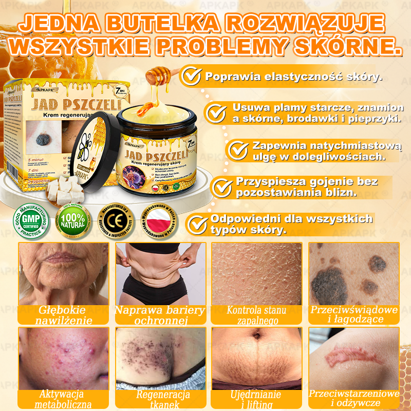 ΑPΚΑPK® Jad Pszczoły Kompleksowy Krem✨✨pomaga w leczeniu problemów skórnych, takich jak: zmarszczki, blizny, plamy pigmentacyjne, rozstępy, trądzik, łuszczyca, egzema, zmiany skórne, podrażnienia, stany zapalne i inne problemy skórne🔥
