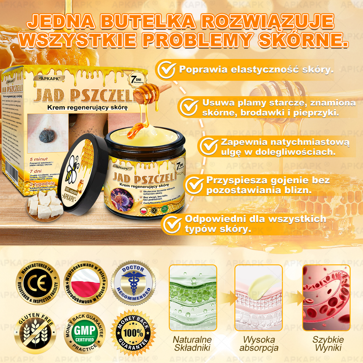 ΑPΚΑPK® Jad Pszczoły Kompleksowy Krem✨✨pomaga w leczeniu problemów skórnych, takich jak: zmarszczki, blizny, plamy pigmentacyjne, rozstępy, trądzik, łuszczyca, egzema, zmiany skórne, podrażnienia, stany zapalne i inne problemy skórne🔥